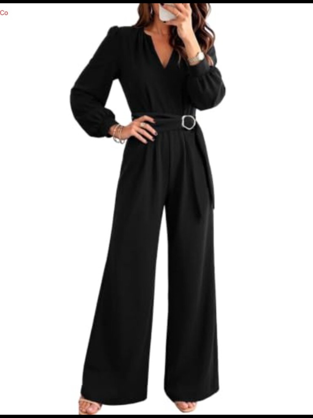 Elegant V-Neck Wide Leg Jumpsuit with Belt & Pockets Formal Work Party